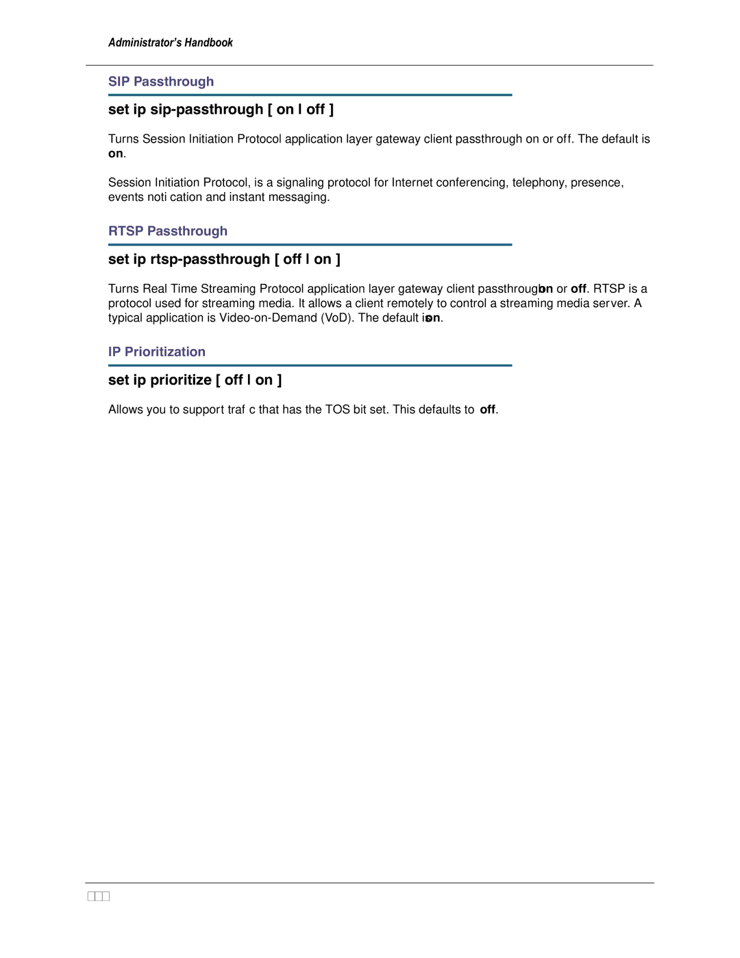 Motorola 3397GP manual Set ip sip-passthrough on off, Set ip rtsp-passthrough off on, Set ip prioritize off on, 172 