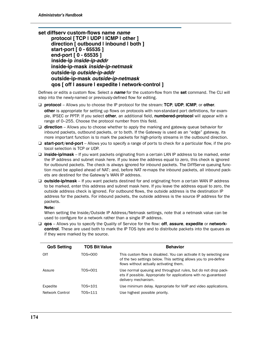 Motorola 3397GP manual Qos off assure expedite network-control, 174, QoS Setting TOS Bit Value Behavior 