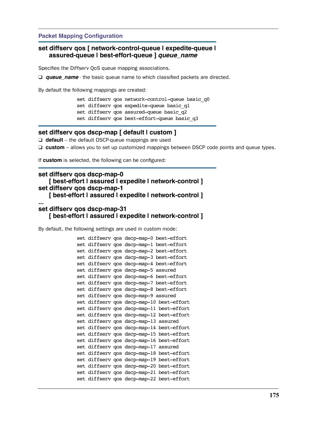 Motorola 3397GP manual Set diffserv qos dscp-map default custom, 175 