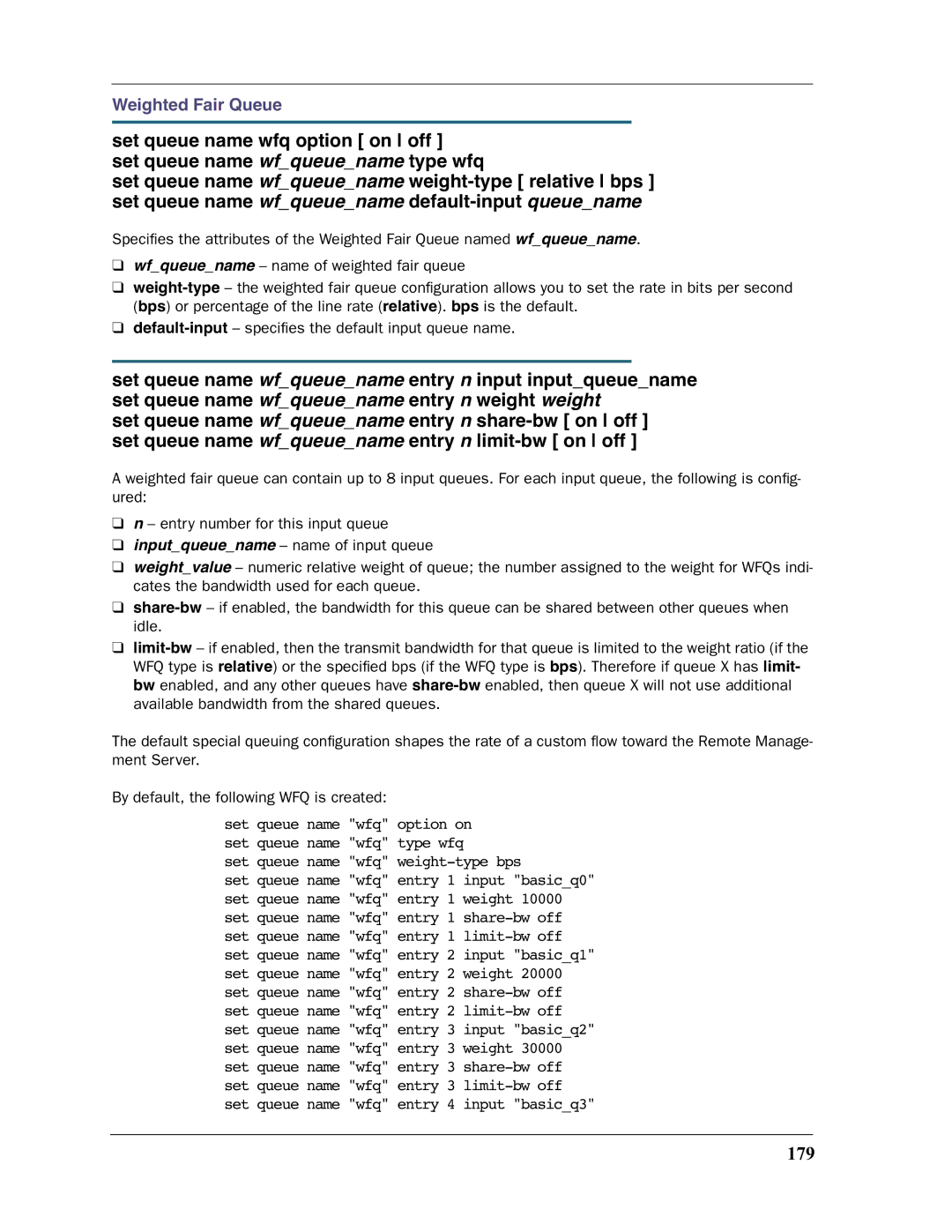 Motorola 3397GP manual 179, Set queue name wfq weight-type bps 