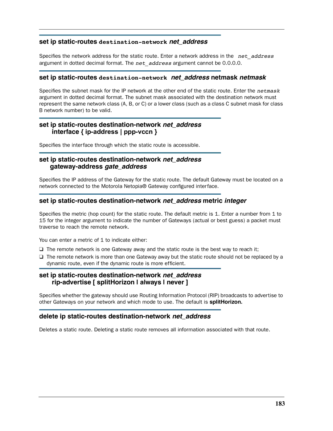 Motorola 3397GP Set ip static-routes destination-networknetaddress, Delete ip static-routes destination-network netaddress 