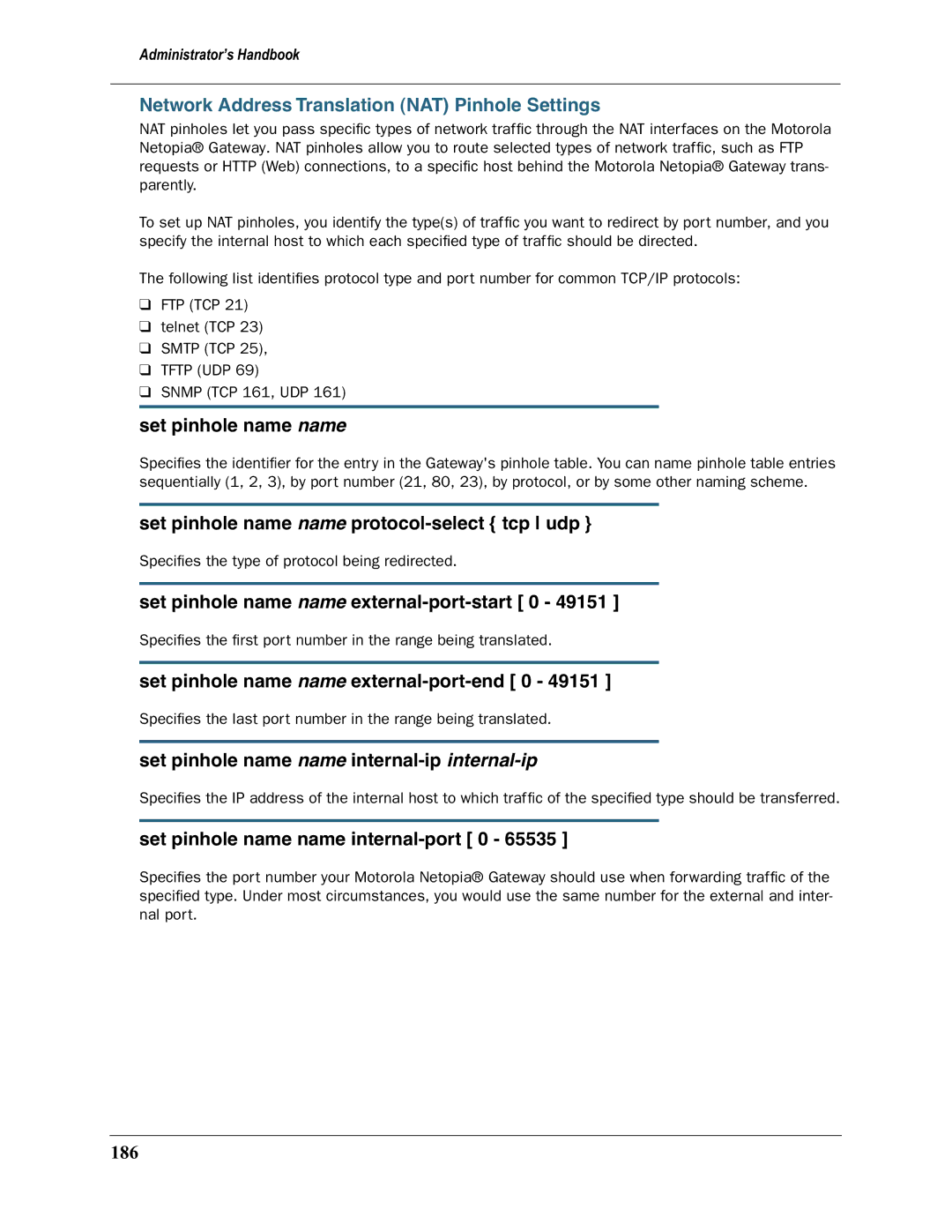 Motorola 3397GP manual Network Address Translation NAT Pinhole Settings 