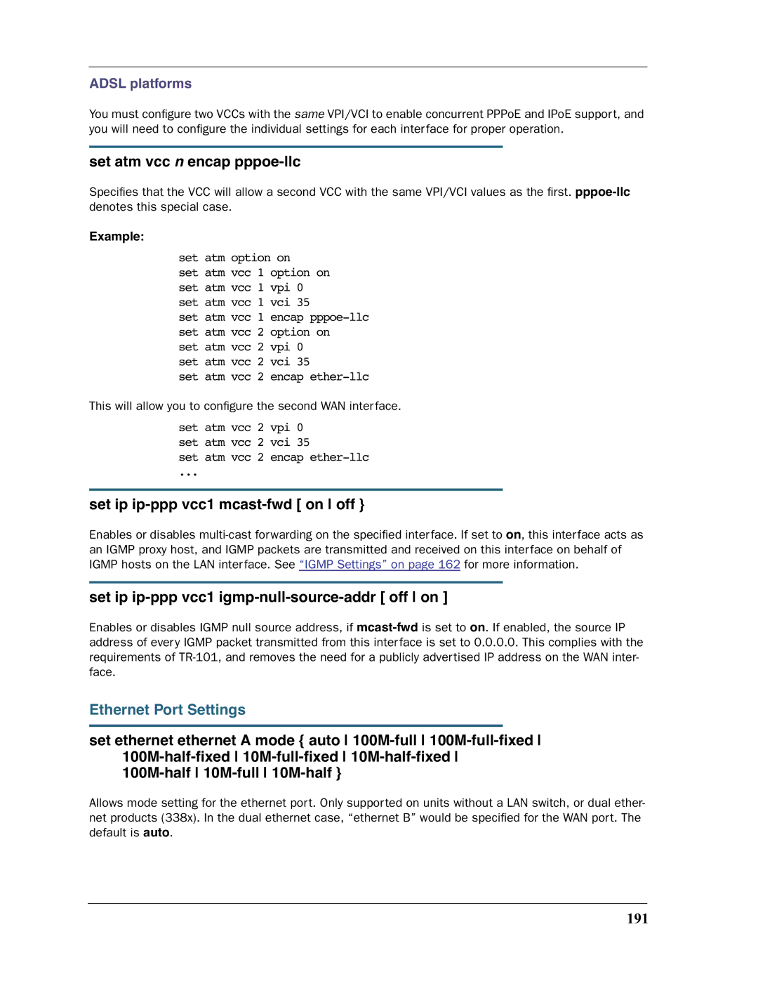 Motorola 3397GP manual Set atm vcc n encap pppoe-llc, Set ip ip-ppp vcc1 mcast-fwd on off, Ethernet Port Settings, 191 