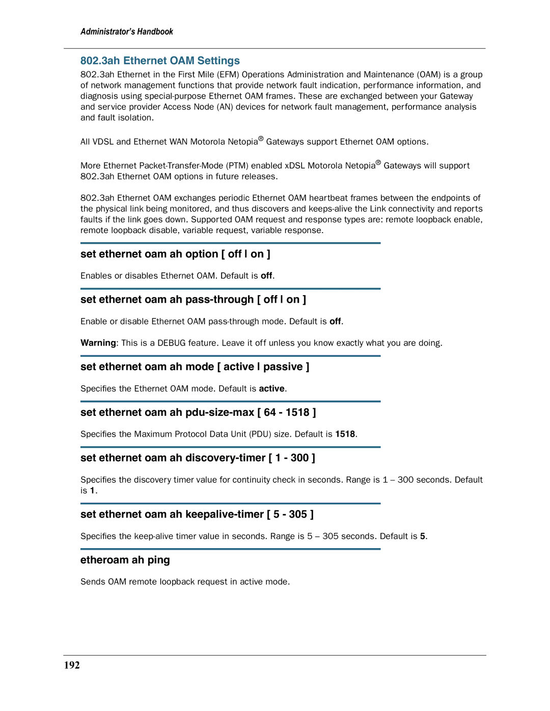 Motorola 3397GP manual 802.3ah Ethernet OAM Settings 