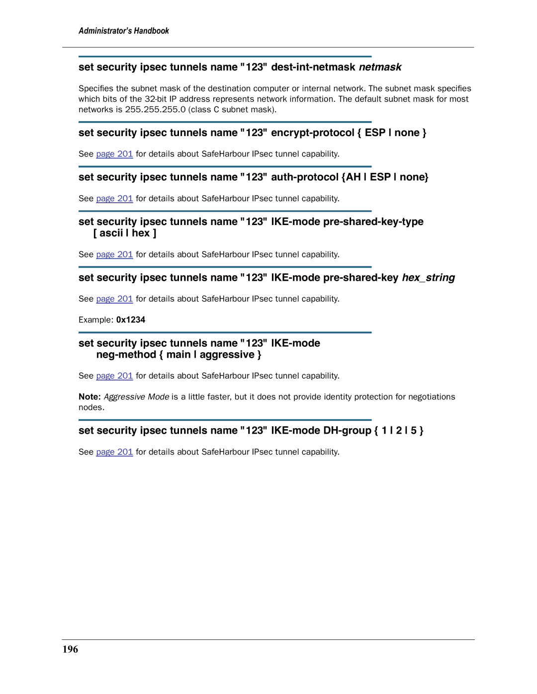 Motorola 3397GP manual Set security ipsec tunnels name 123 IKE-mode DH-group 1 2, 196 