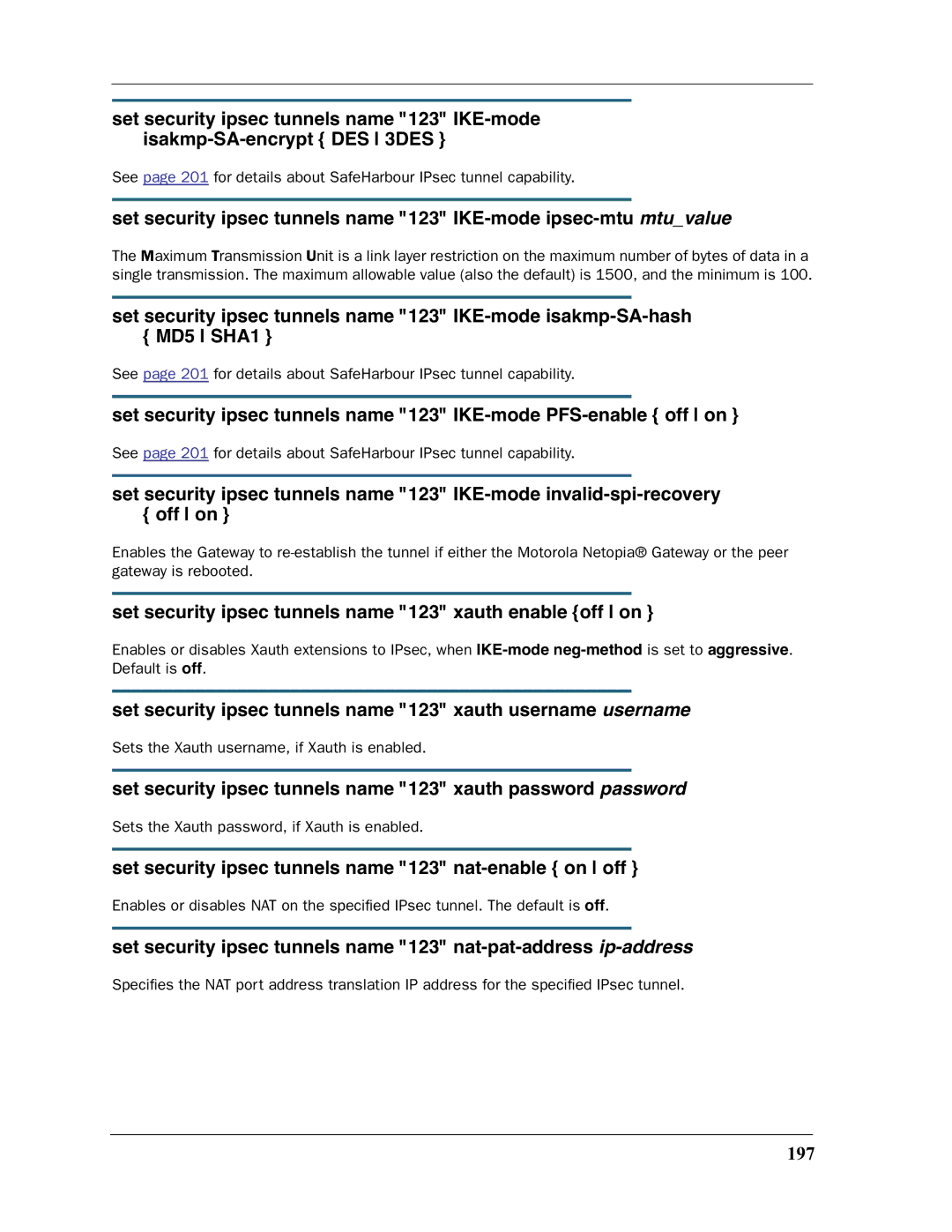 Motorola 3397GP manual Set security ipsec tunnels name 123 xauth enable off on, 197 