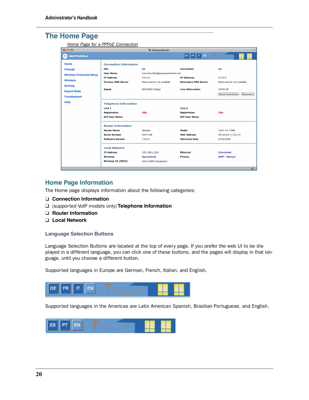 Motorola 3397GP manual Home Page Information, Connection Information, Router Information Local Network 