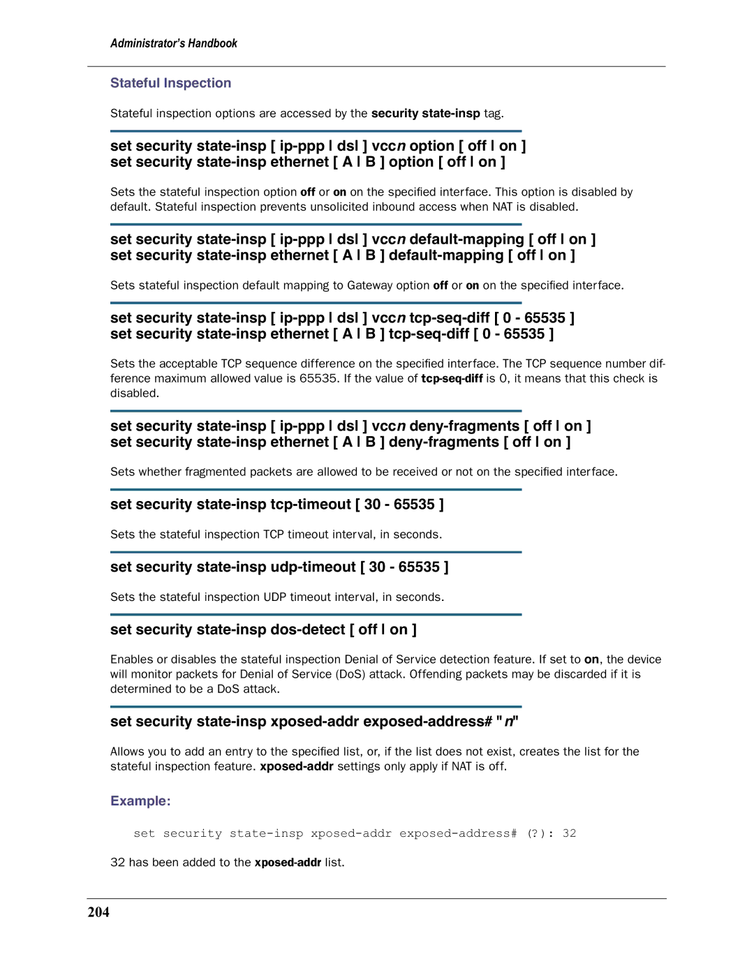 Motorola 3397GP manual Set security state-insp tcp-timeout 30, Set security state-insp udp-timeout 30, 204 