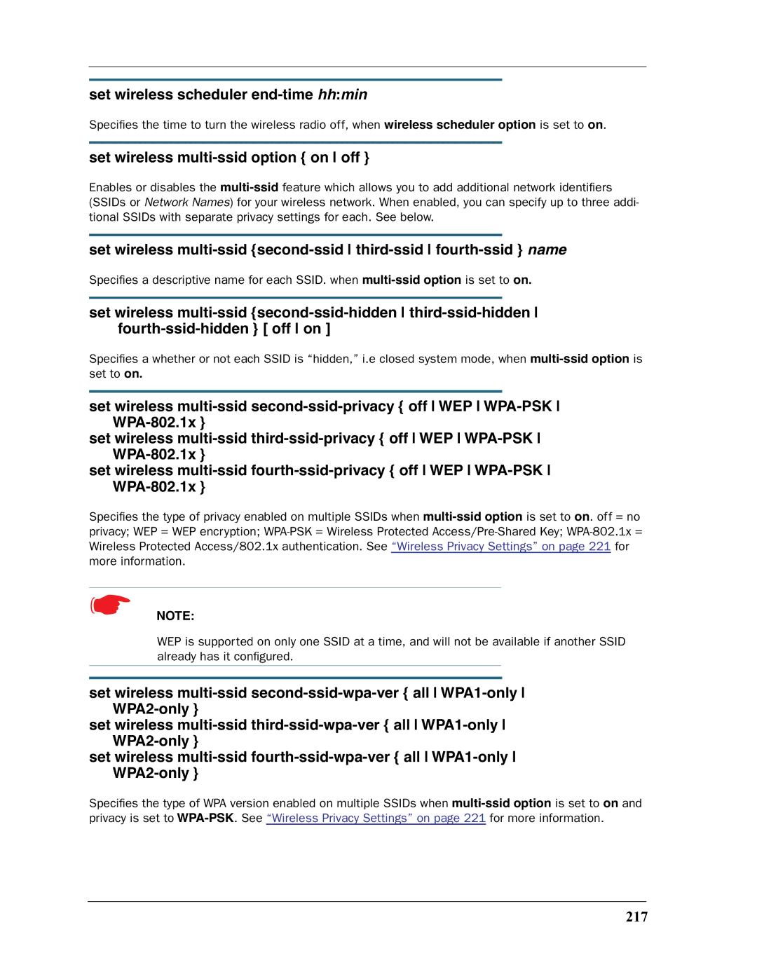 Motorola 3397GP manual Set wireless scheduler end-time hhmin, Set wireless multi-ssid option on off, 217 