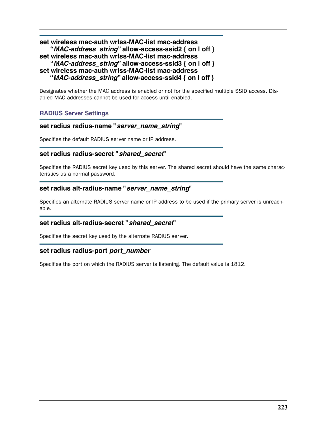 Motorola 3397GP manual Set radius radius-name servernamestring, Set radius radius-secret sharedsecret 