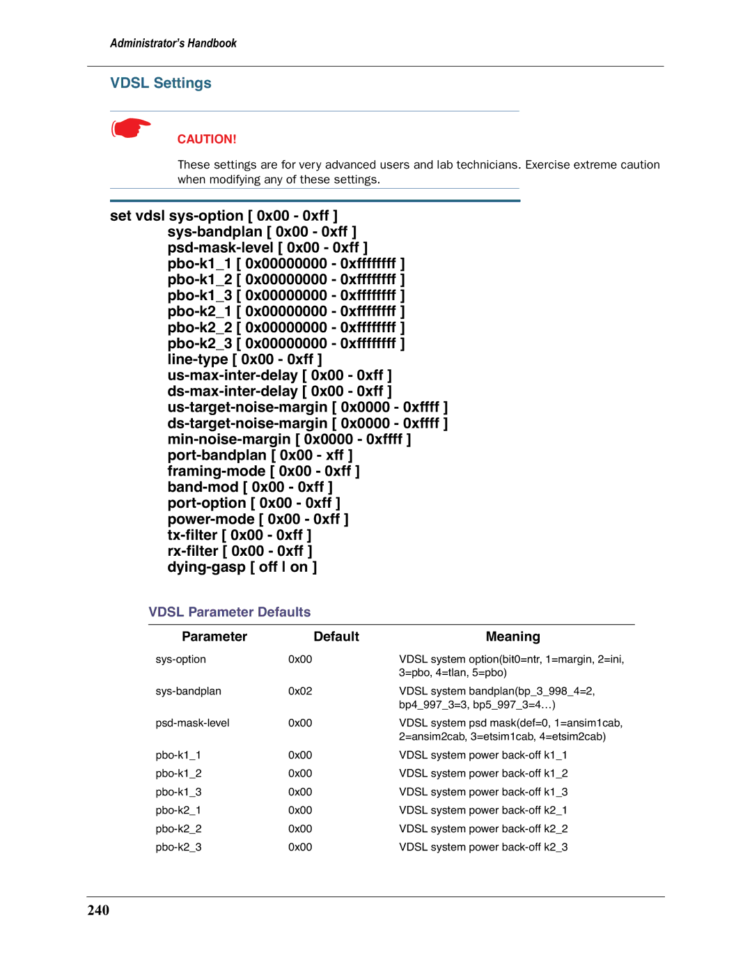 Motorola 3397GP manual Vdsl Settings, 240 