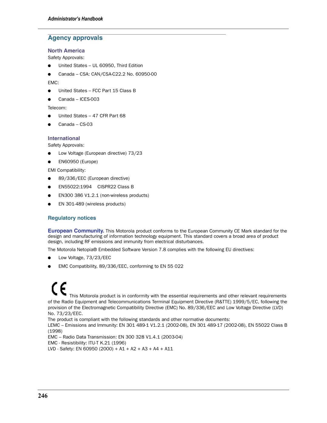 Motorola 3397GP manual Agency approvals, North America, International 