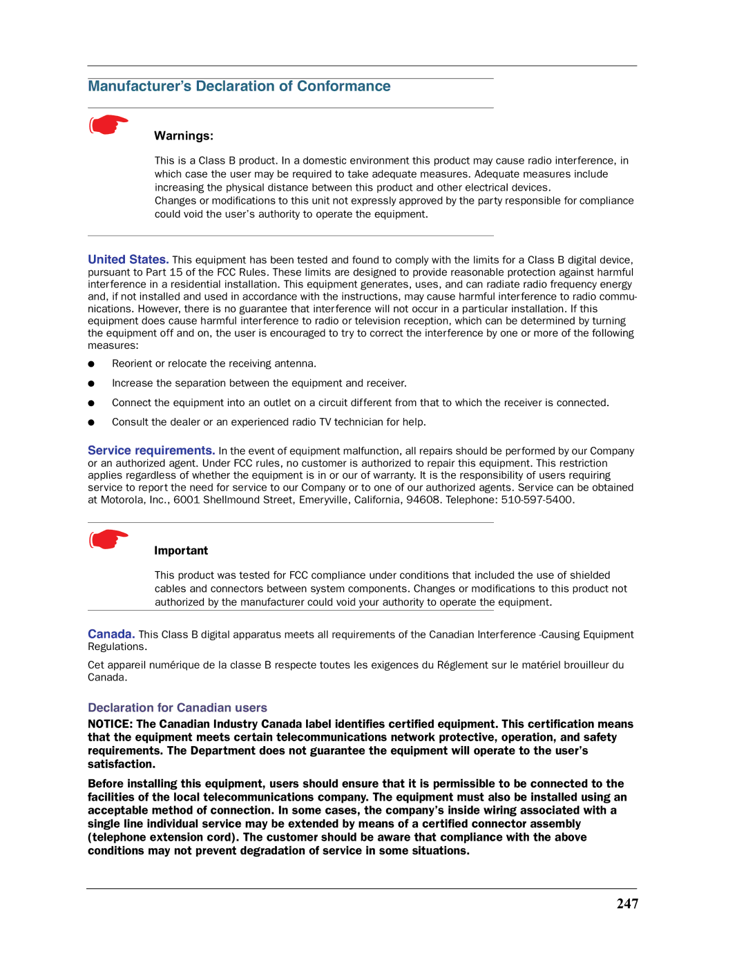 Motorola 3397GP manual Manufacturer’s Declaration of Conformance, 247, Declaration for Canadian users 