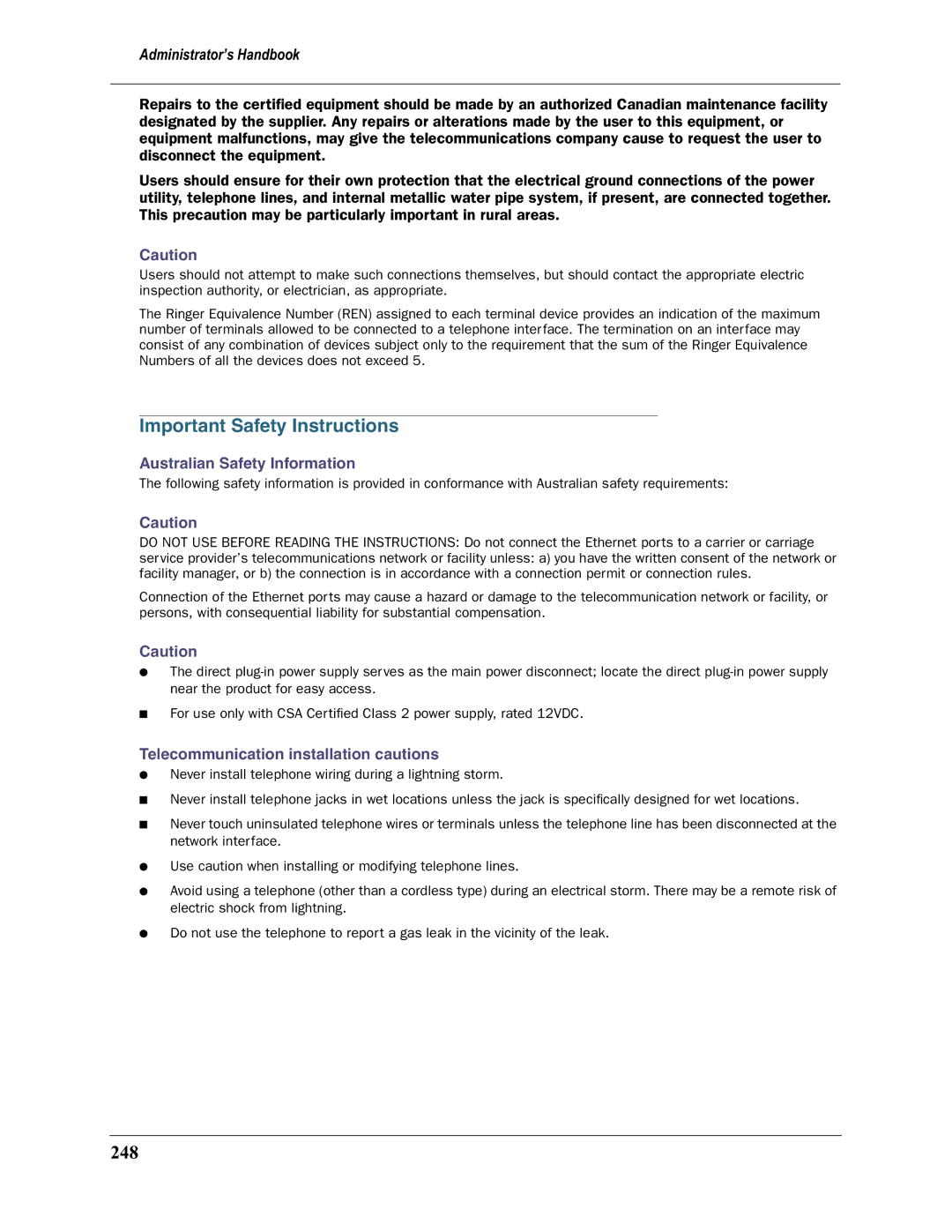 Motorola 3397GP Important Safety Instructions, 248, Australian Safety Information, Telecommunication installation cautions 