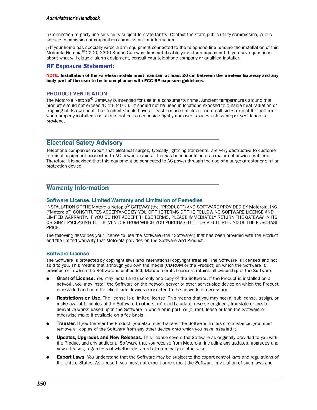 Motorola 3397GP manual Electrical Safety Advisory, Warranty Information, 250 