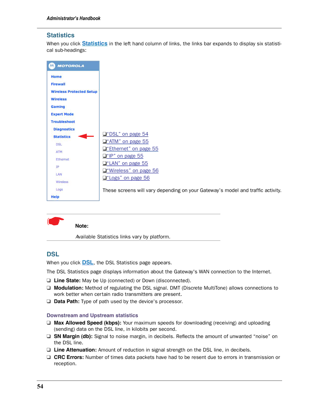 Motorola 3397GP manual Statistics, Downstream and Upstream statistics 