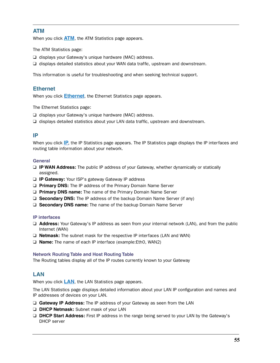 Motorola 3397GP manual Ethernet, General, IP interfaces, Network Routing Table and Host Routing Table 