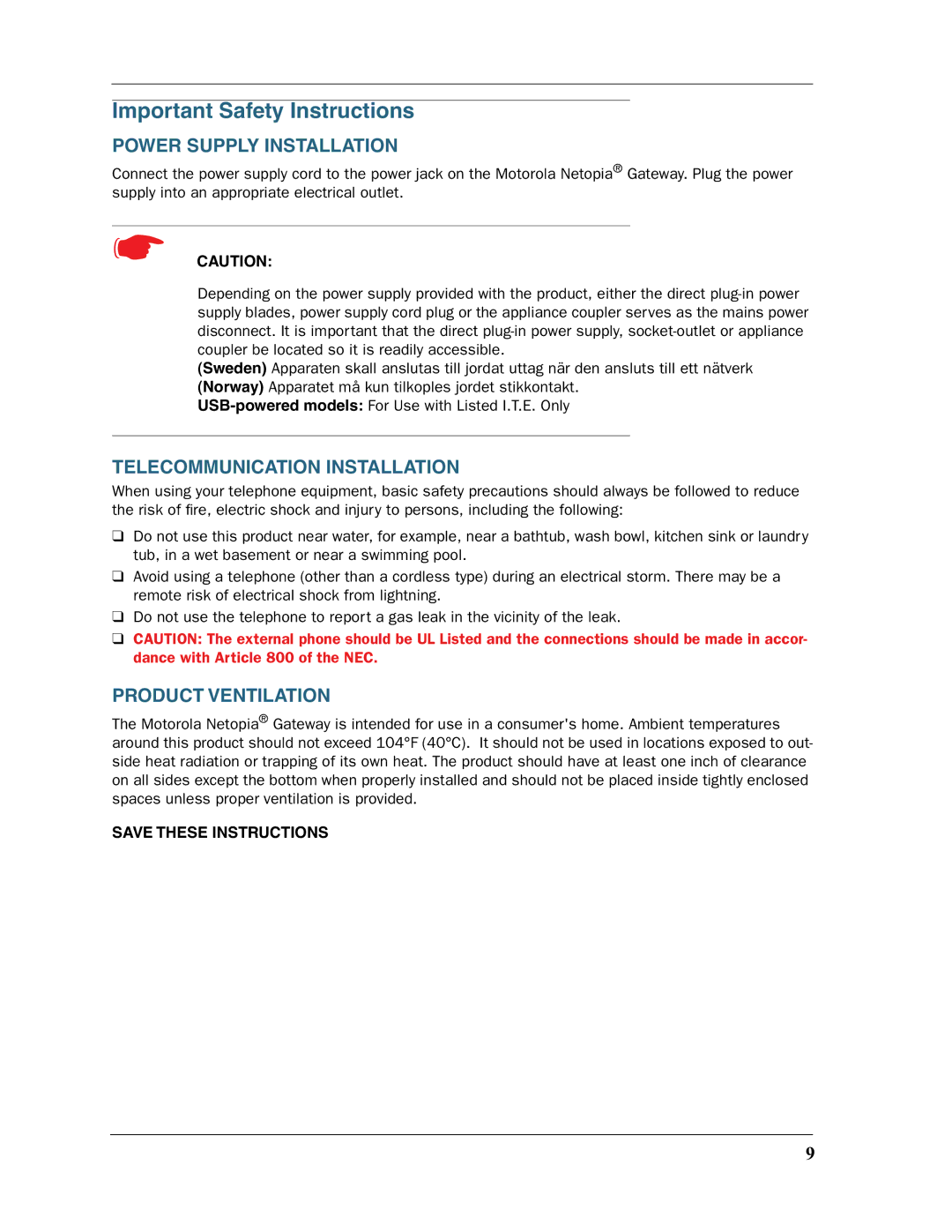 Motorola 3397GP manual Important Safety Instructions, Power Supply Installation 