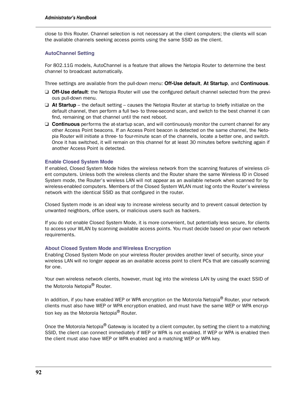 Motorola 3397GP manual AutoChannel Setting, Enable Closed System Mode, About Closed System Mode and Wireless Encryption 