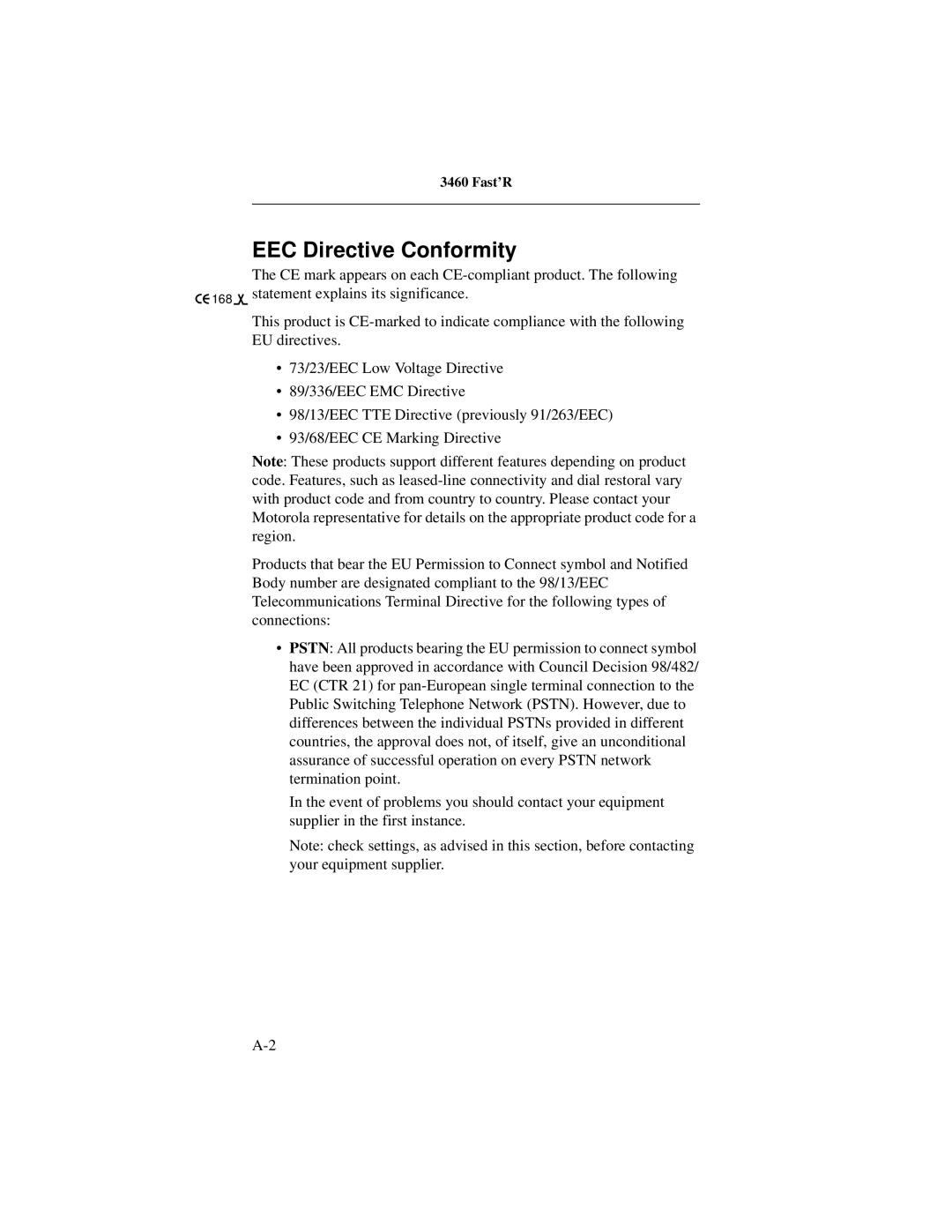 Motorola 3460 manual EEC Directive Conformity 