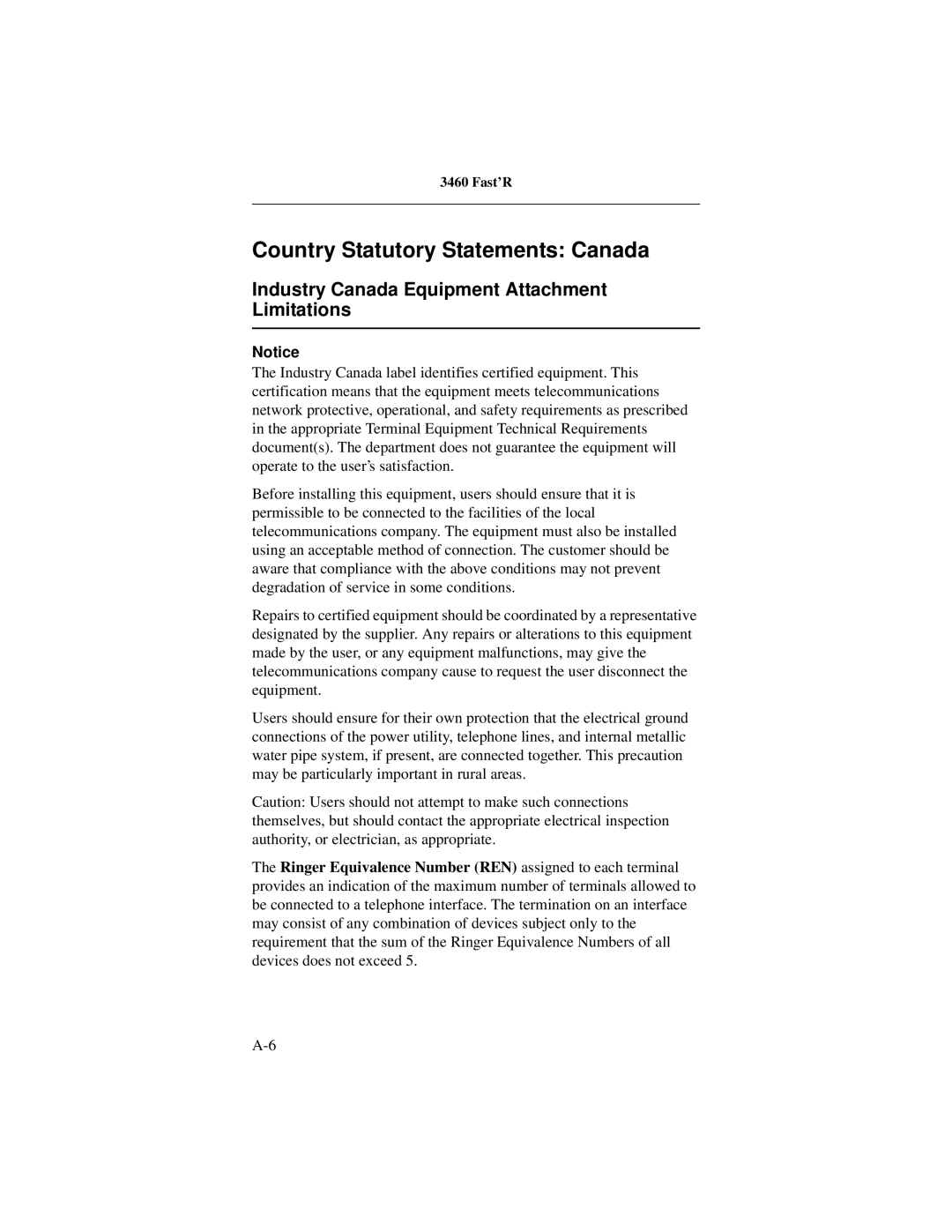 Motorola 3460 manual Country Statutory Statements Canada, Industry Canada Equipment Attachment Limitations 