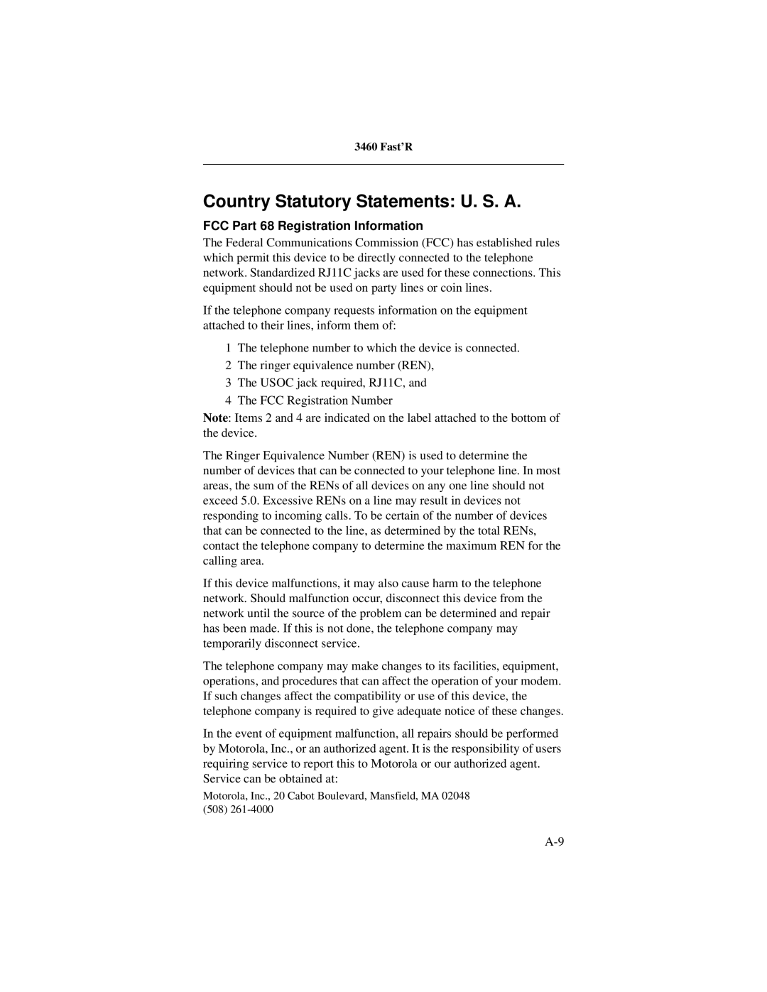 Motorola 3460 manual Country Statutory Statements U. S. a, FCC Part 68 Registration Information 