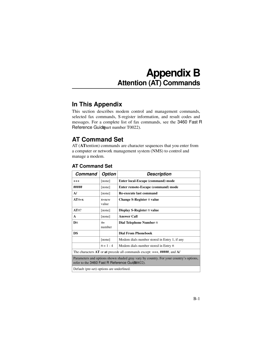 Motorola 3460 manual AT Command Set, Command Option Description 