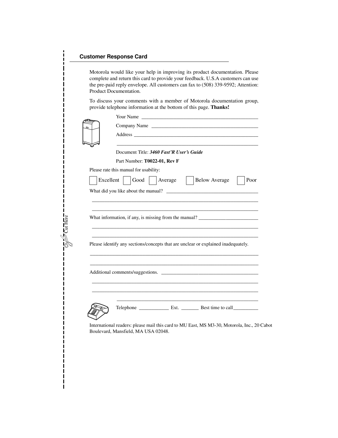 Motorola 3460 manual Excellent Good Average Below Average Poor, Part Number T0022-01, Rev F 