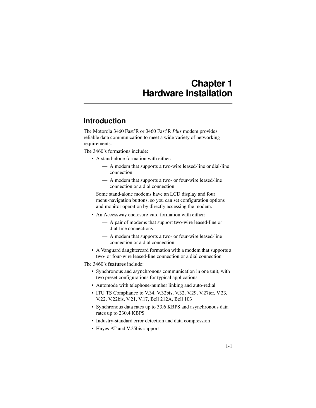 Motorola 3460 manual Chapter Hardware Installation 