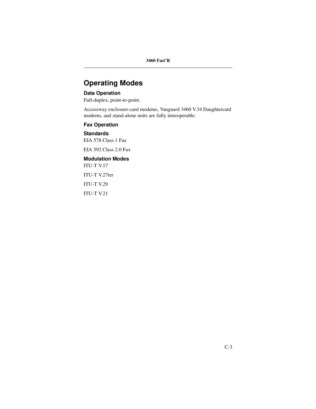 Motorola 3460 manual Operating Modes, Data Operation, Fax Operation Standards, Modulation Modes 