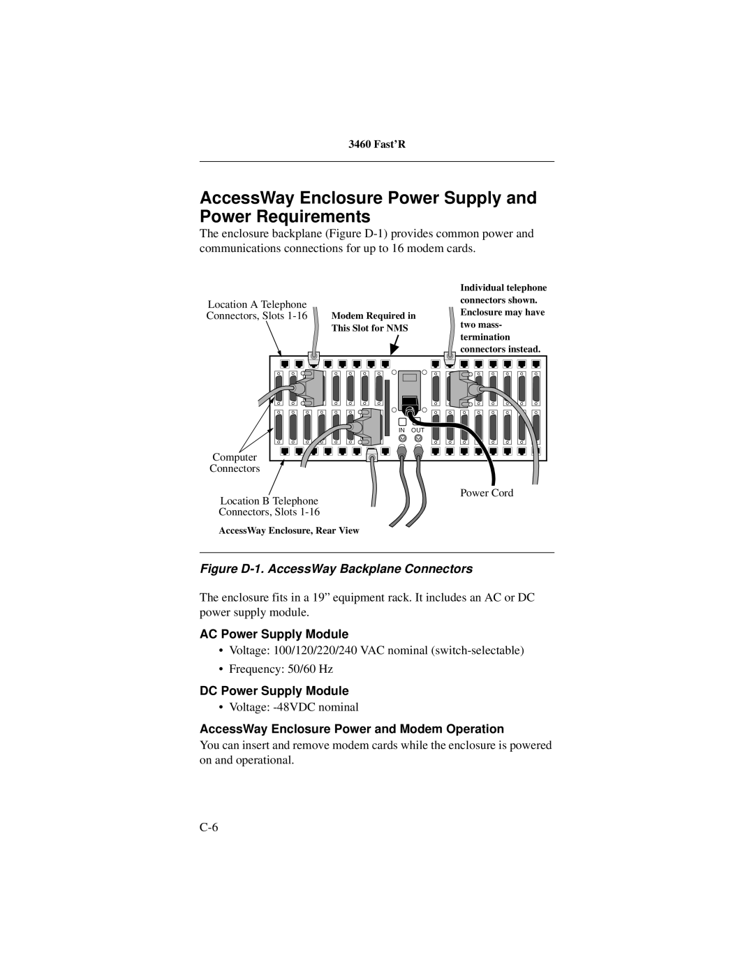 Motorola 3460 AccessWay Enclosure Power Supply and Power Requirements, AC Power Supply Module, DC Power Supply Module 