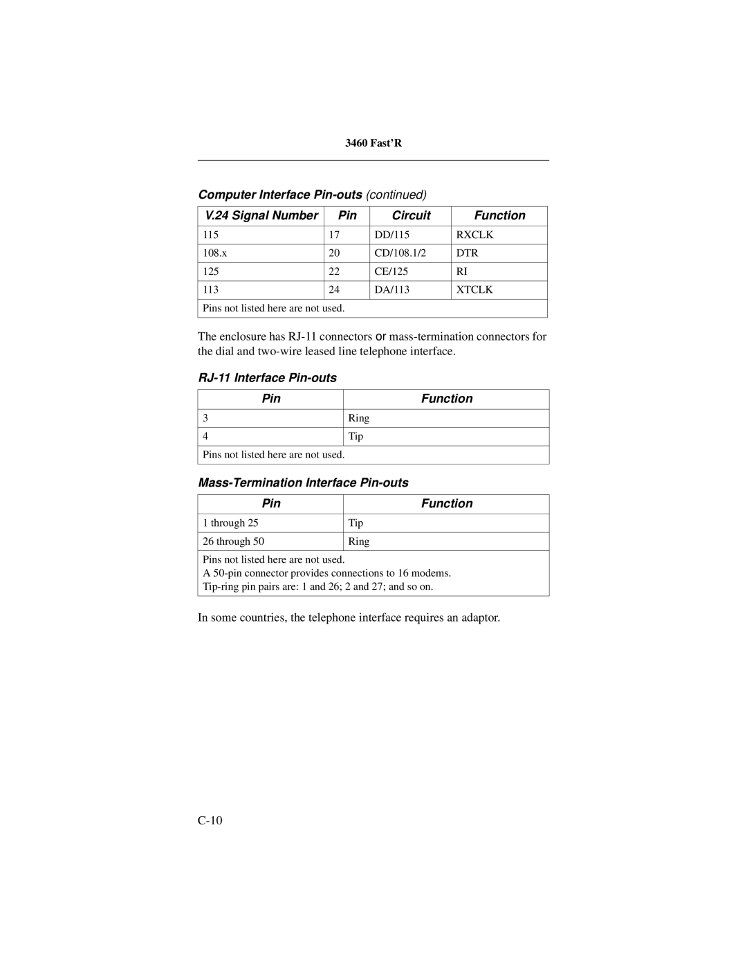 Motorola 3460 manual RJ-11 Interface Pin-outs Function, Mass-Termination Interface Pin-outs, Pin Function 