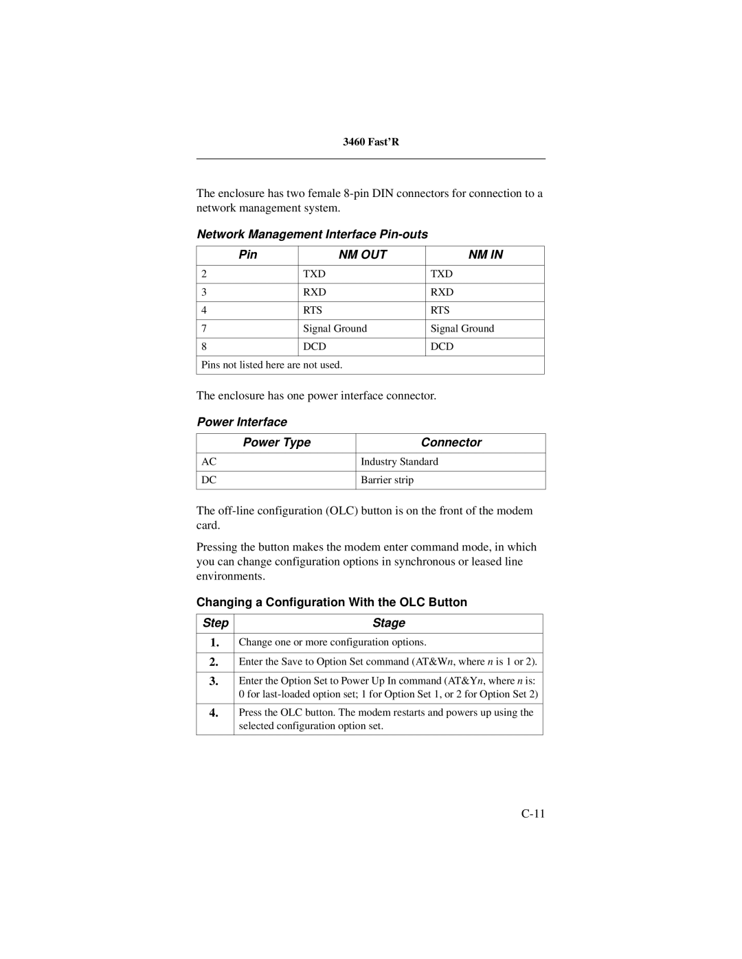 Motorola 3460 manual Network Management Interface Pin-outs, Power Interface Power Type Connector 