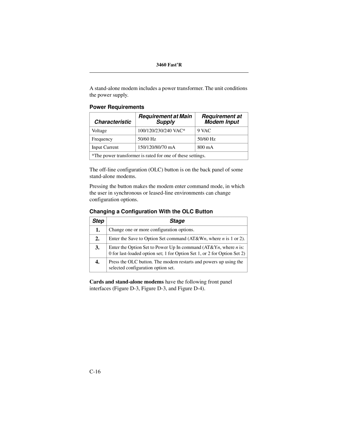 Motorola 3460 manual Power Requirements, Requirement at Main Characteristic Supply Modem Input 