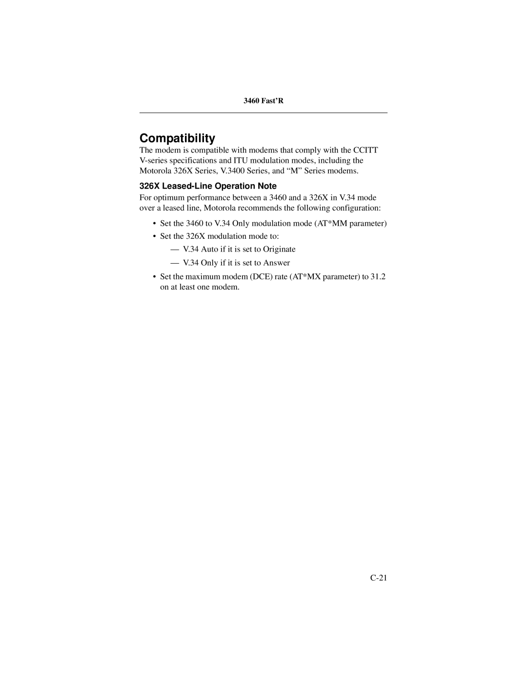 Motorola 3460 manual Compatibility, 326X Leased-Line Operation Note 