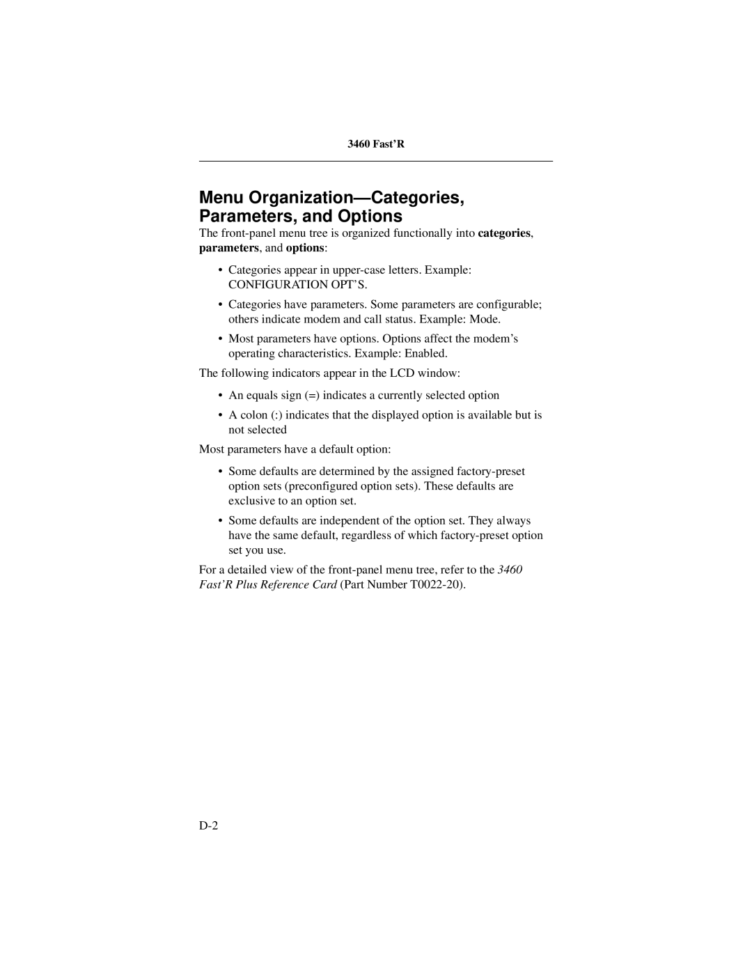 Motorola 3460 manual Menu Organization-Categories Parameters, and Options, Configuration OPT’S 