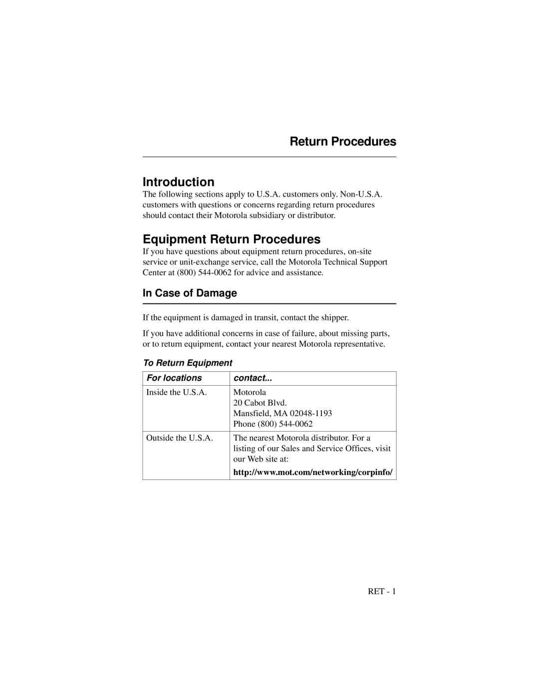 Motorola 3460 manual Return Procedures Introduction, Equipment Return Procedures, Case of Damage 