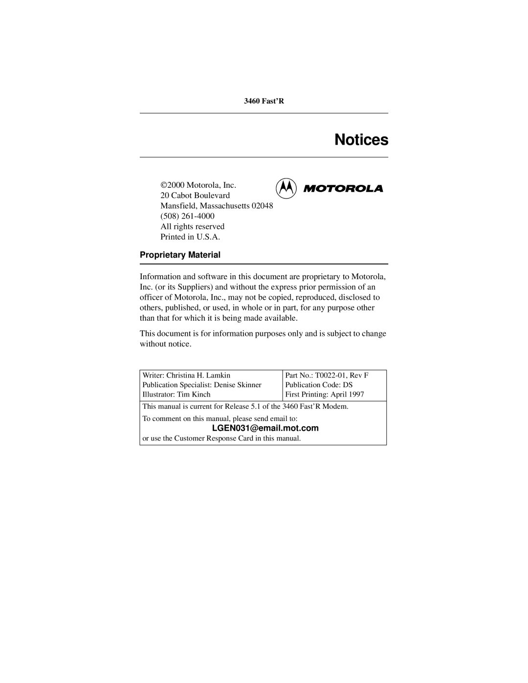 Motorola 3460 manual Proprietary Material, LGEN031@email.mot.com, Fast’R 