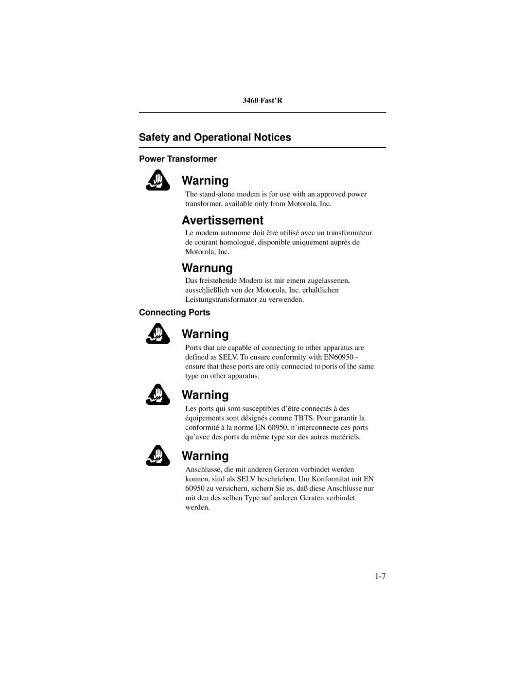 Motorola 3460 manual Safety and Operational Notices, Power Transformer, Connecting Ports 