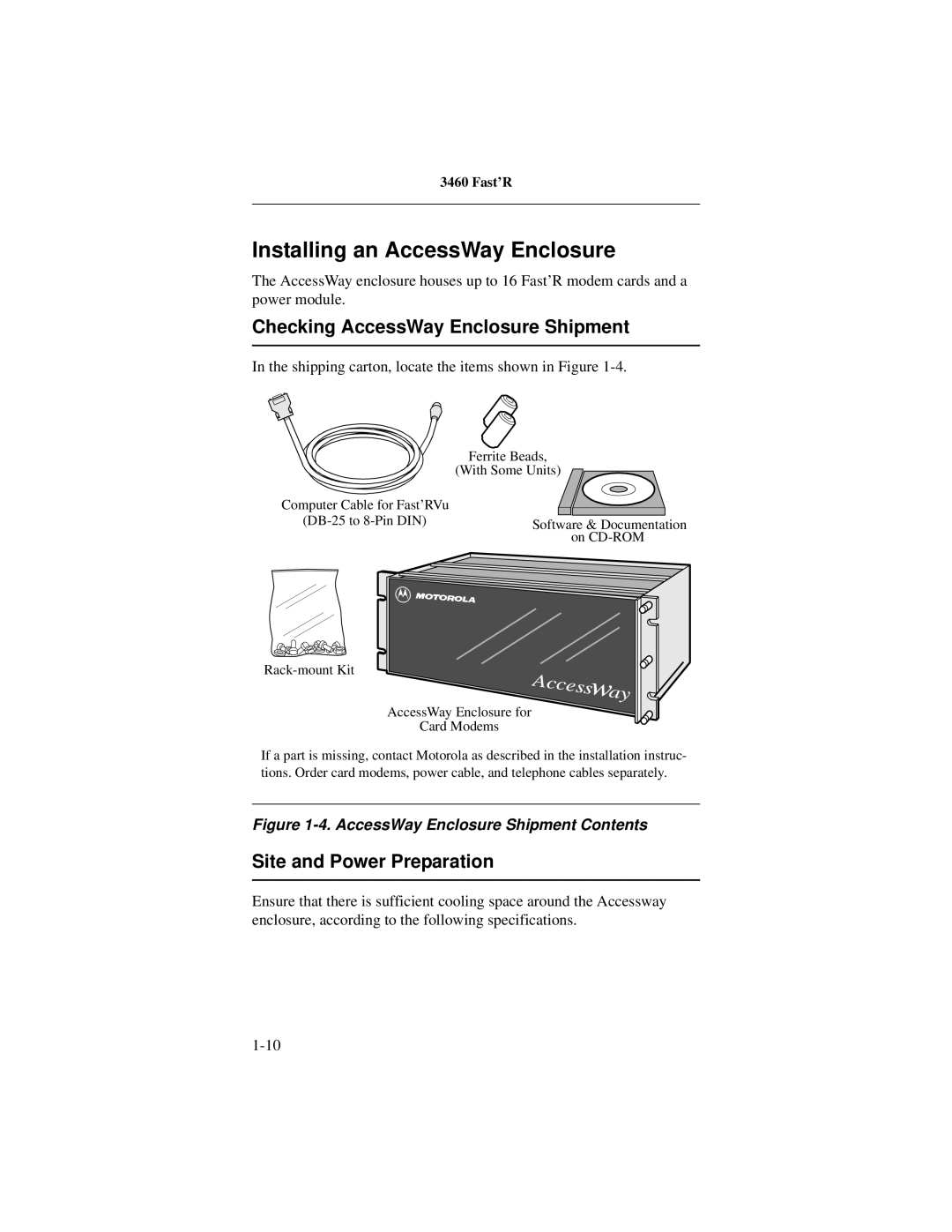 Motorola 3460 manual Installing an AccessWay Enclosure, Checking AccessWay Enclosure Shipment, Site and Power Preparation 