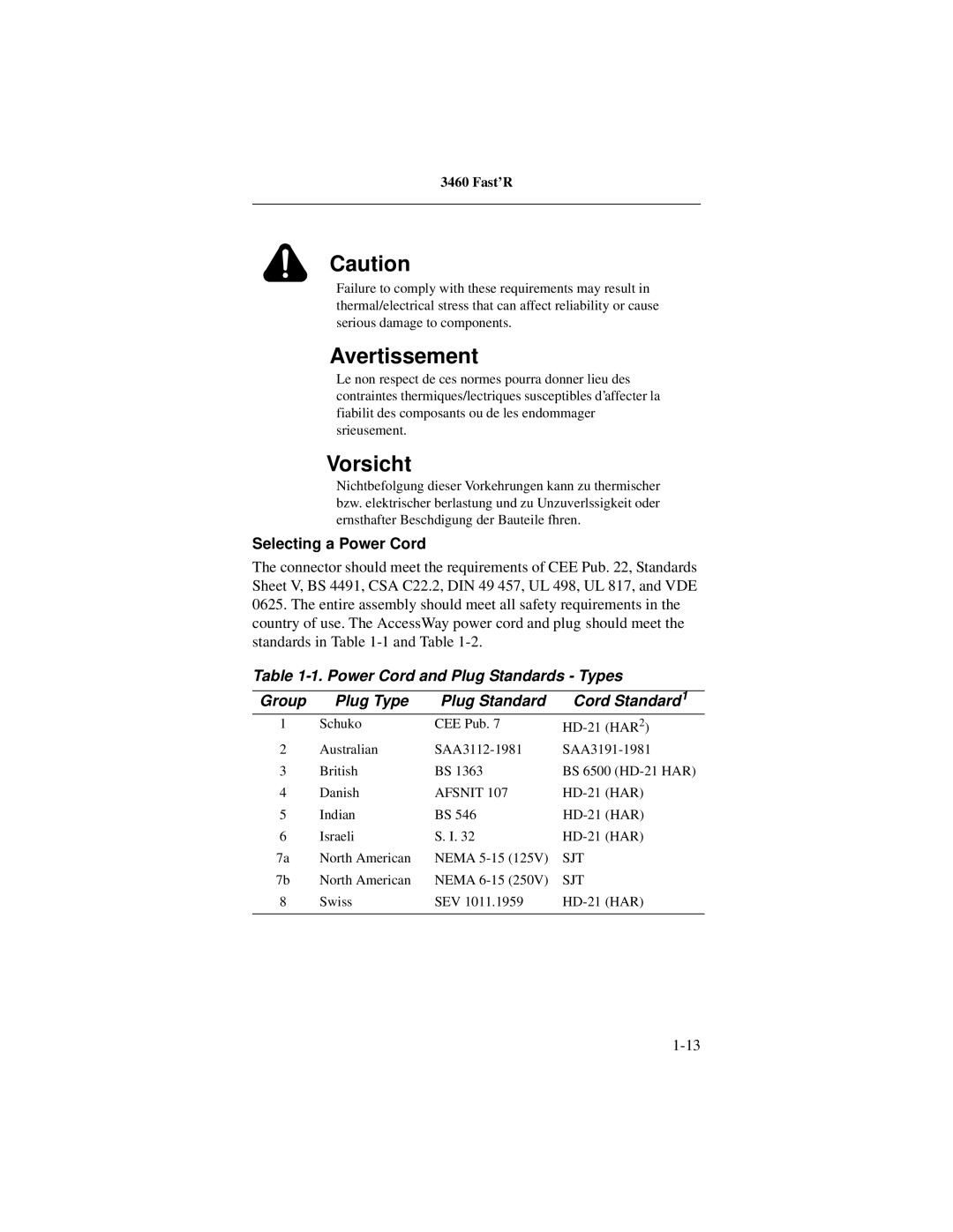 Motorola 3460 manual Avertissement, Selecting a Power Cord 