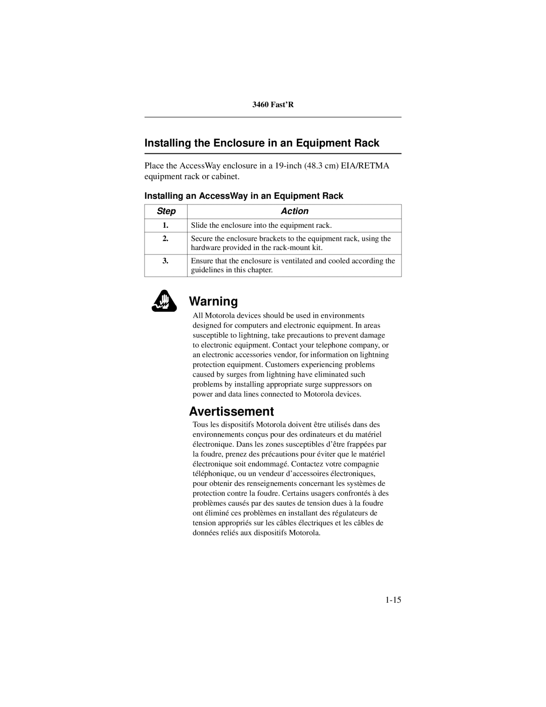 Motorola 3460 manual Installing the Enclosure in an Equipment Rack, Installing an AccessWay in an Equipment Rack 