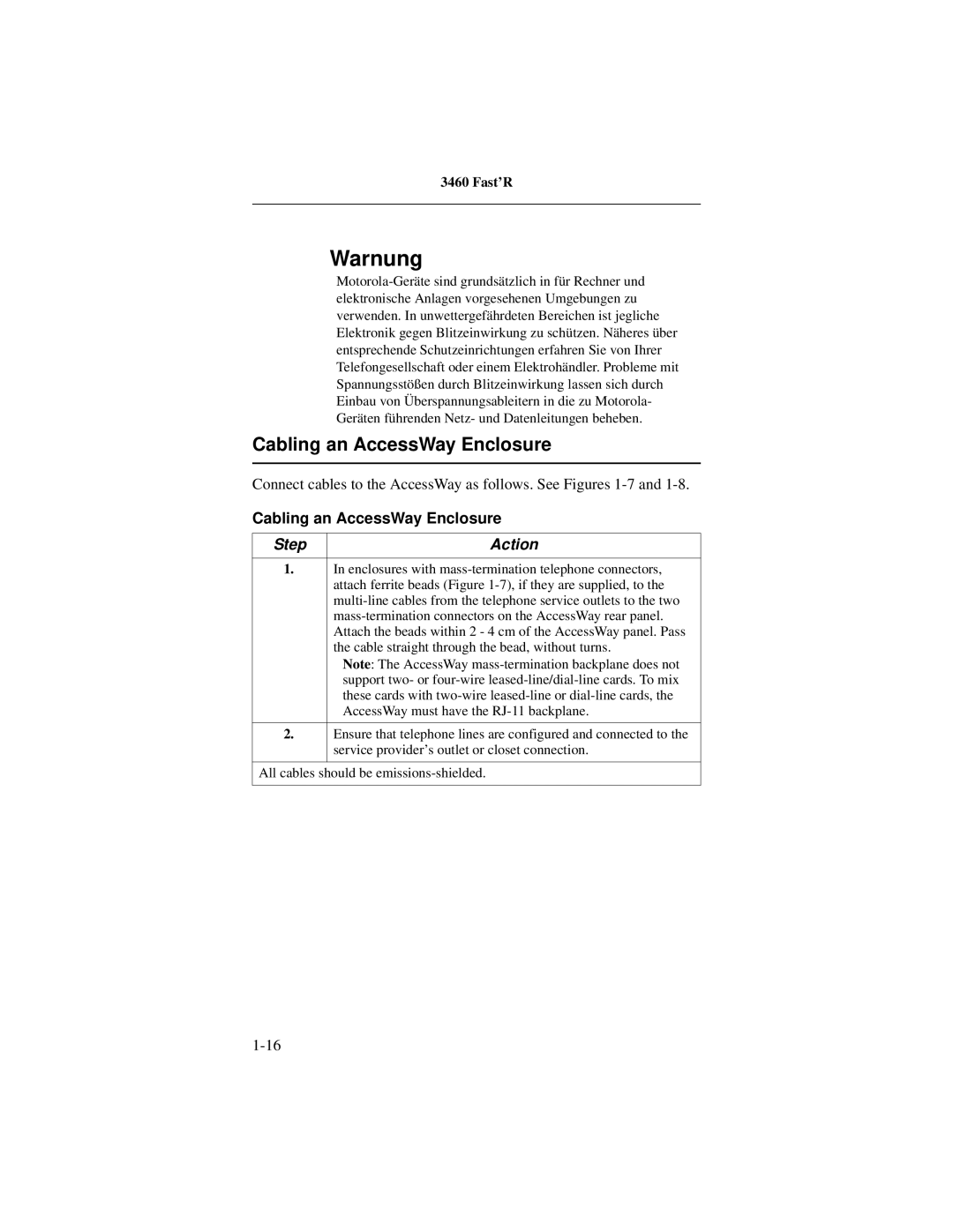 Motorola 3460 manual Cabling an AccessWay Enclosure 