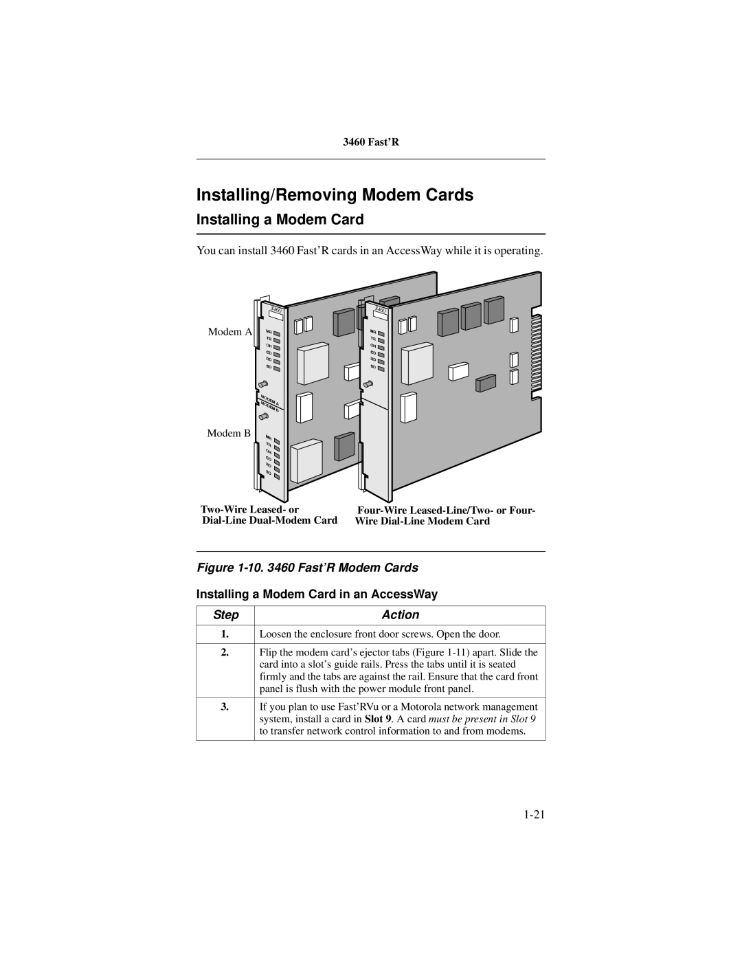 Motorola 3460 manual Installing/Removing Modem Cards, Installing a Modem Card in an AccessWay, Two-Wire Leased- or 