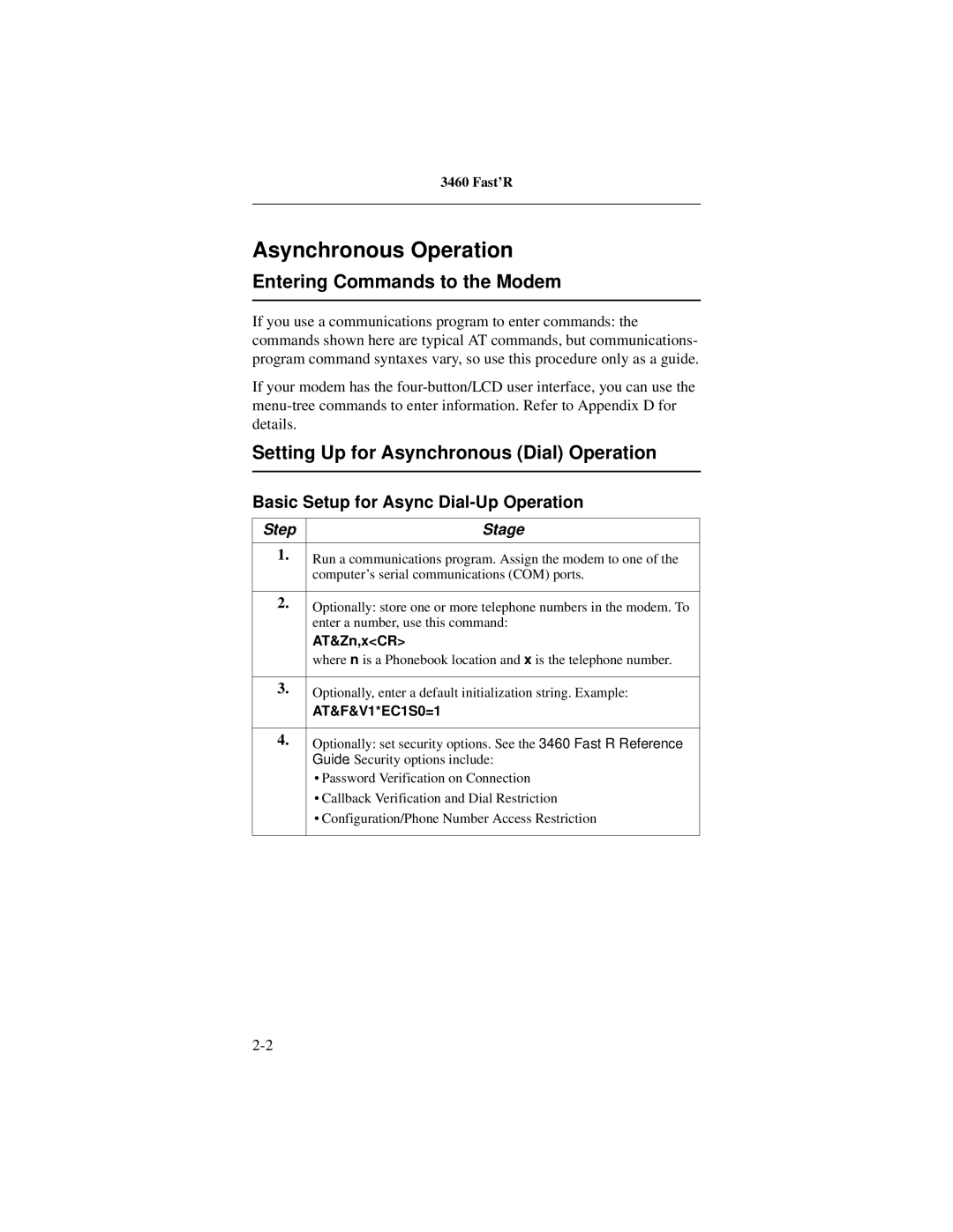 Motorola 3460 manual Asynchronous Operation, Entering Commands to the Modem, Setting Up for Asynchronous Dial Operation 