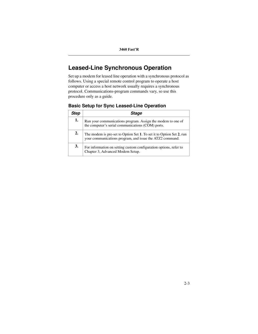 Motorola 3460 manual Leased-Line Synchronous Operation, Basic Setup for Sync Leased-Line Operation 