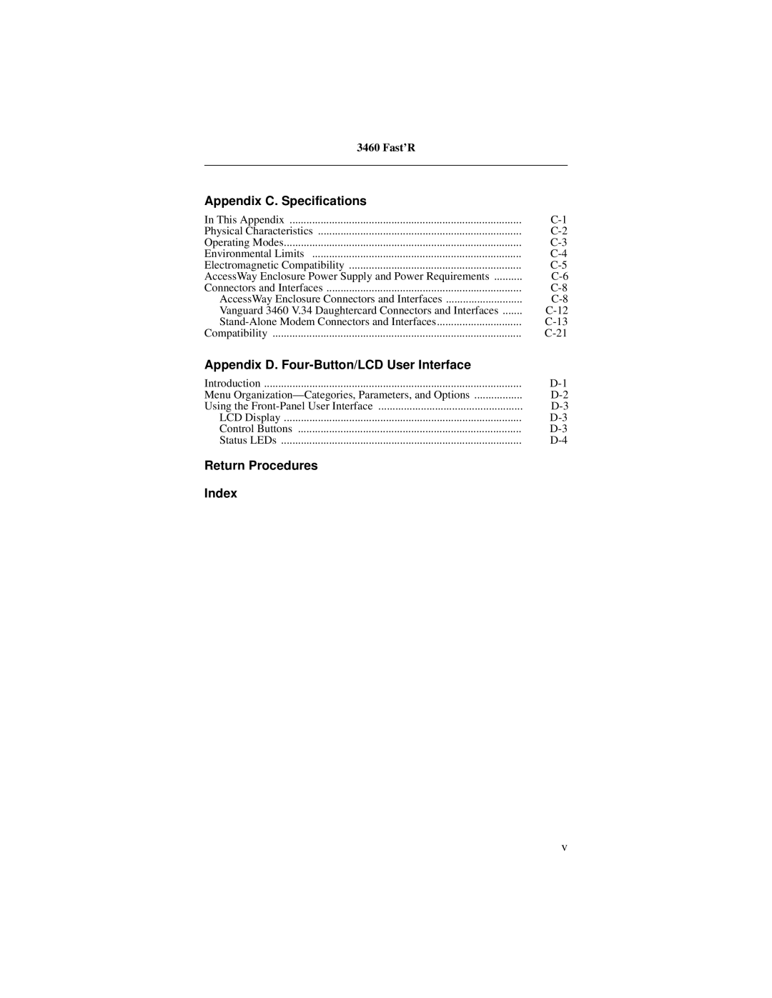 Motorola 3460 manual Appendix C. Specifications, Appendix D. Four-Button/LCD User Interface, Return Procedures Index 