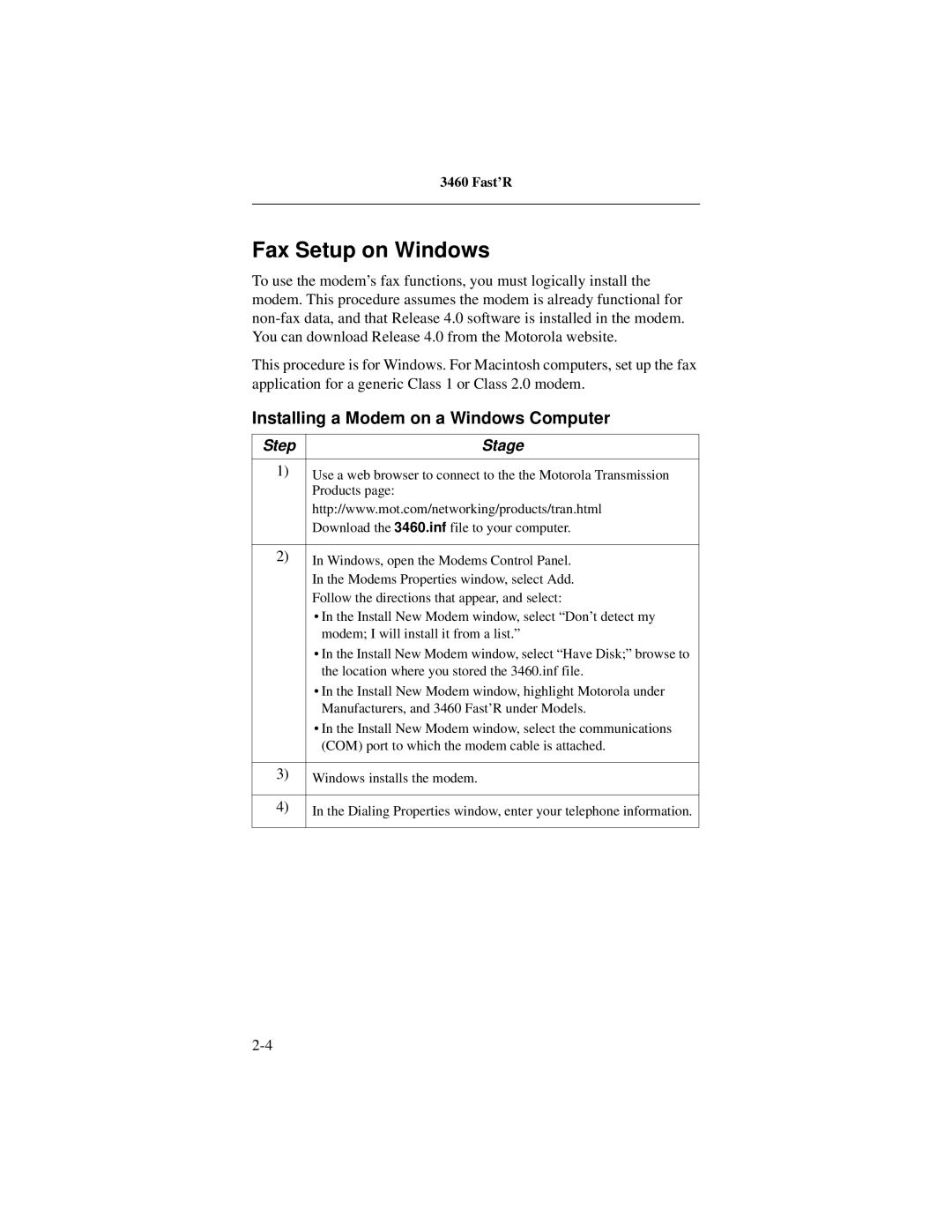 Motorola 3460 manual Fax Setup on Windows, Installing a Modem on a Windows Computer 