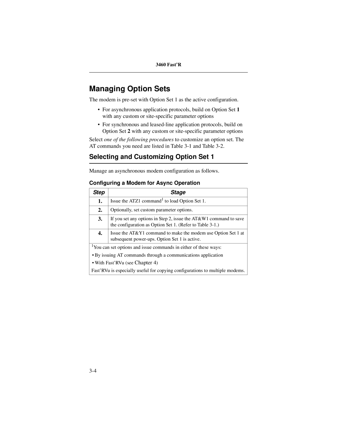 Motorola 3460 manual Managing Option Sets, Selecting and Customizing Option Set, Configuring a Modem for Async Operation 