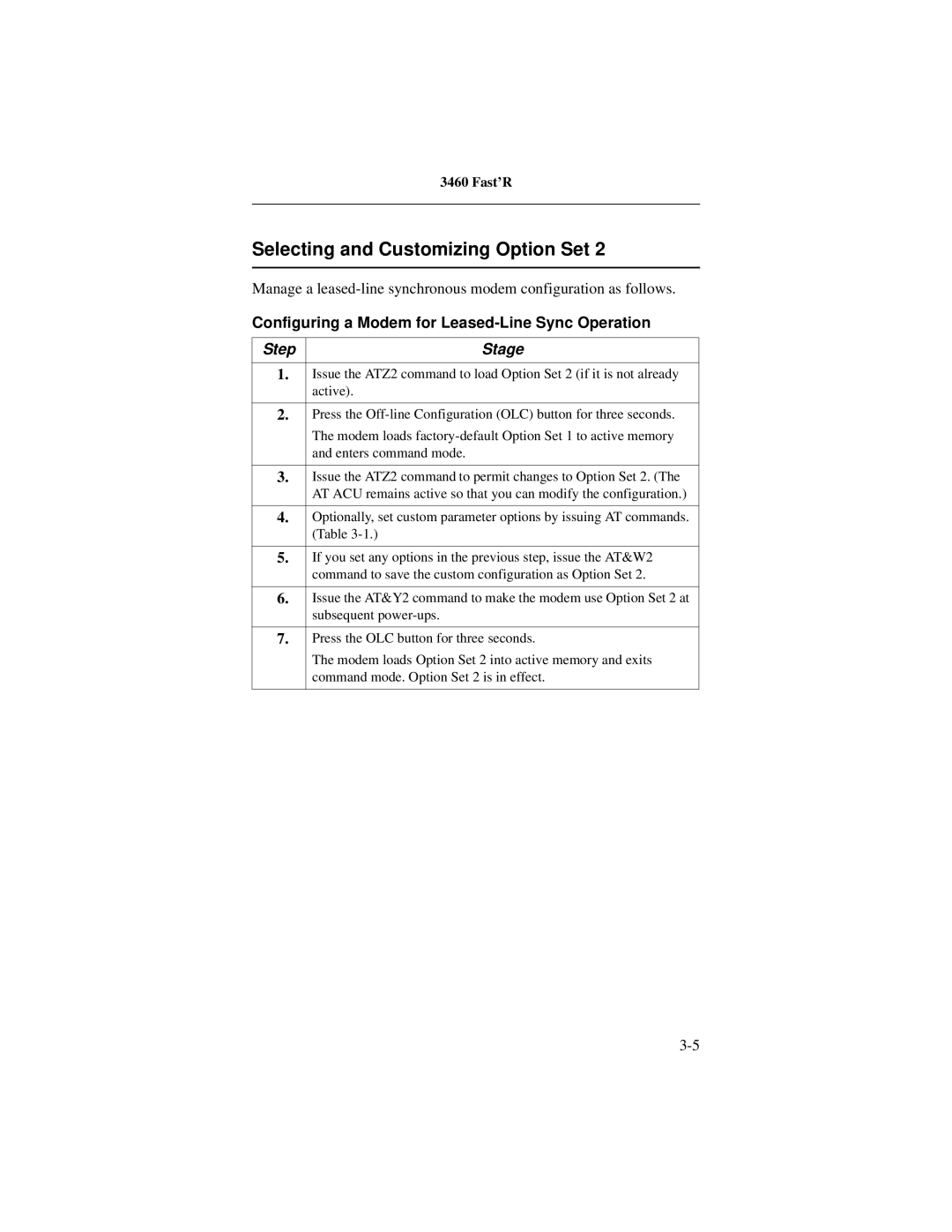 Motorola 3460 manual Configuring a Modem for Leased-Line Sync Operation 